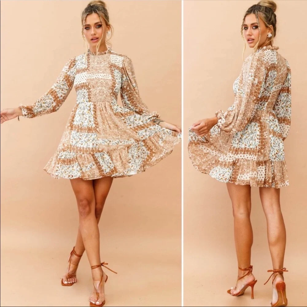 Saints + Secrets Made in Morocco  Patchwork Paisely Smocked Mini Dress S - Picture 3 of 6